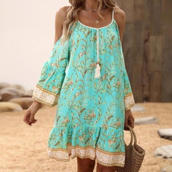 Floral Cold Shoulder  Ruffle Hem Dress - Picture 4 of 8